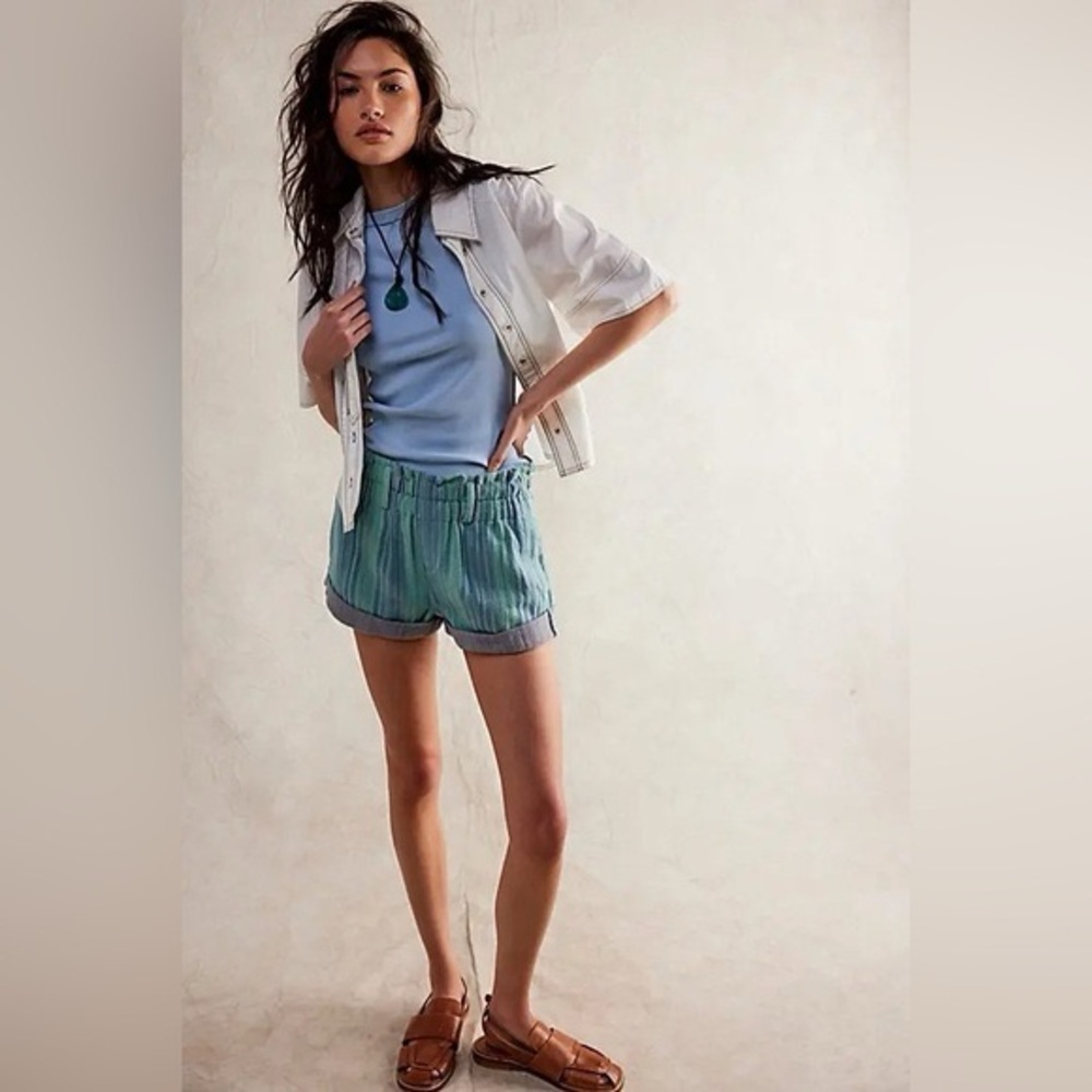 Free People Solar Flare Baja Stripe Cuff Shorts In Ocean Blue Sz L - Picture 1 of 11